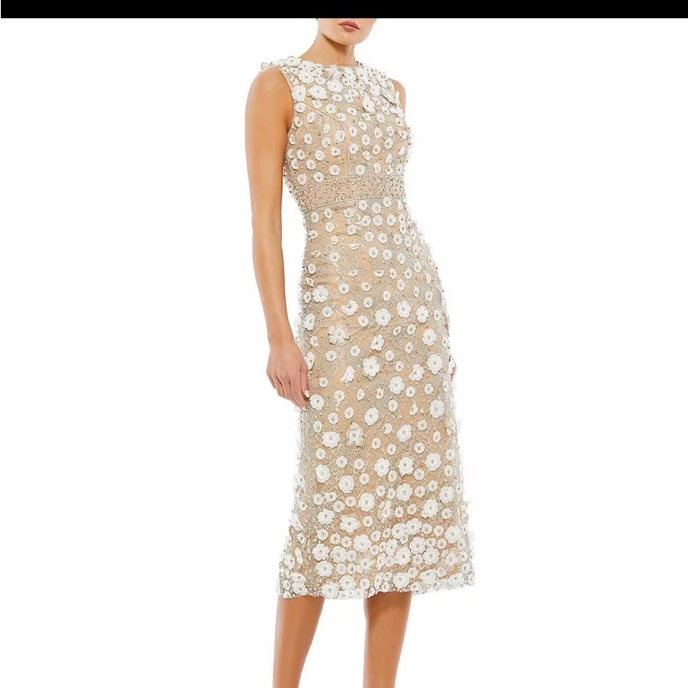 Floral Applique Crew Neck Sleeveless Midi Dress